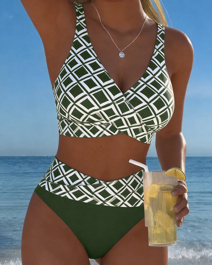 Nadia | Geometric Print High-Waist Bikini Set