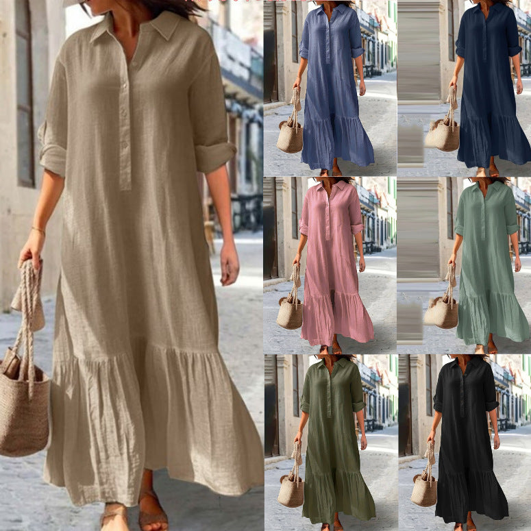 Linen Blend Button-Down Ruffle Hem Maxi Shirt Dress