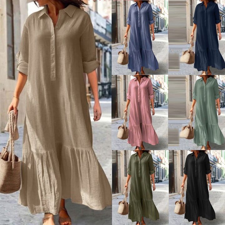 Linen Blend Button-Down Ruffle Hem Maxi Shirt Dress