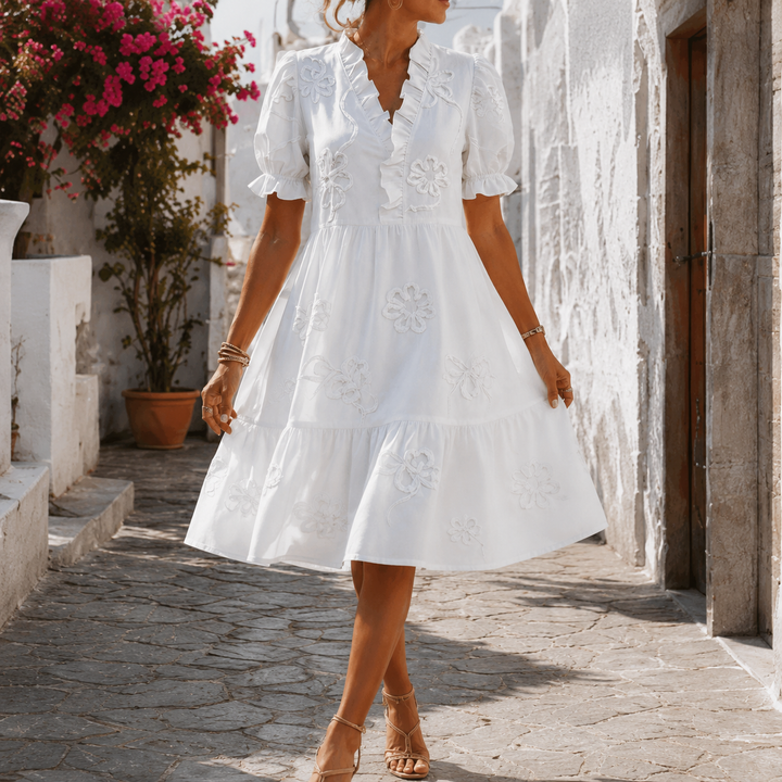 Blossom | Embroidered Ruffle V-Neck Puff Sleeve Dress