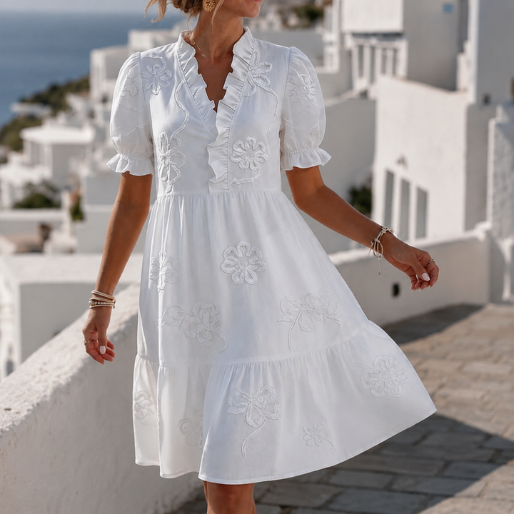 Blossom | Embroidered Ruffle V-Neck Puff Sleeve Dress