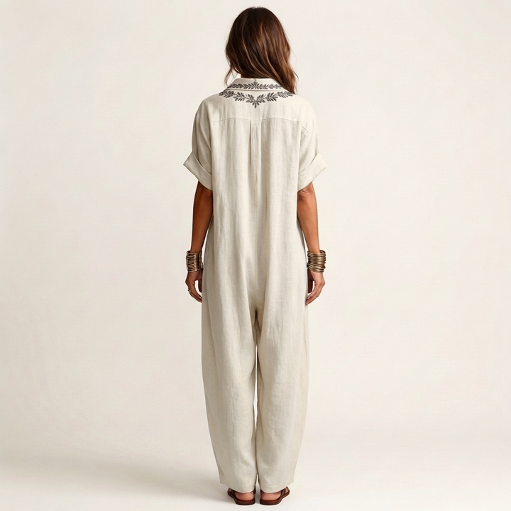 PETRA | EMBROIDERED V-NECK COLLAR LINEN MAXI DRESS