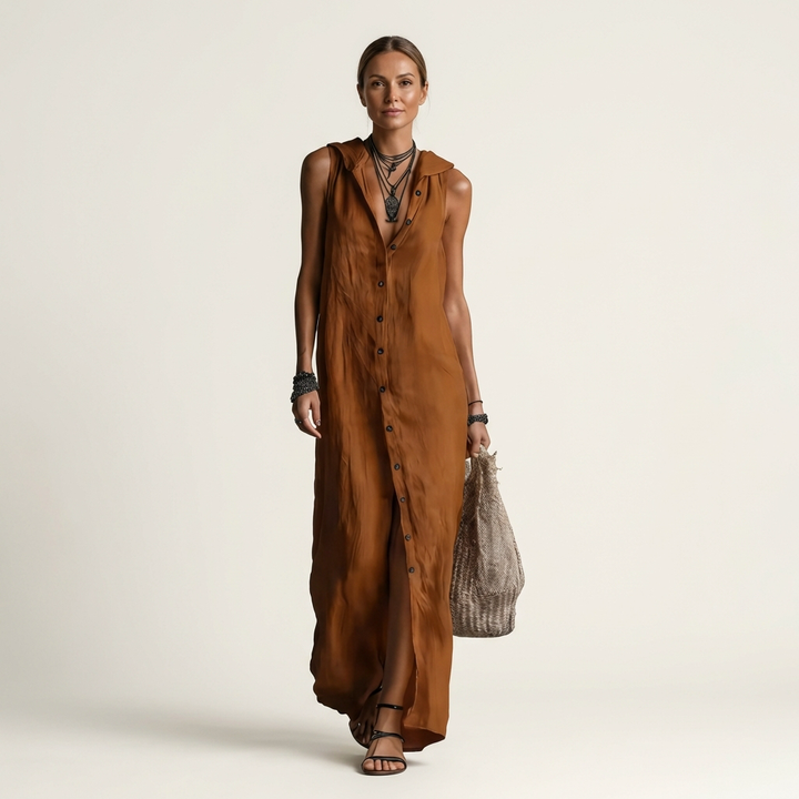 VALENTINA | HOODED BUTTON-FRONT SLEEVELESS LINEN MAXI DRESS