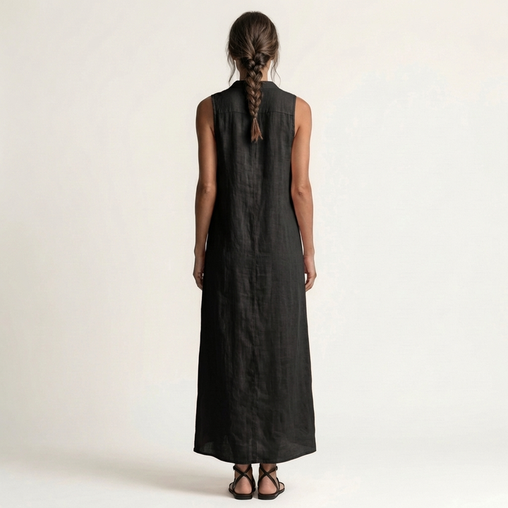 VALENTINA | HOODED BUTTON-FRONT SLEEVELESS LINEN MAXI DRESS