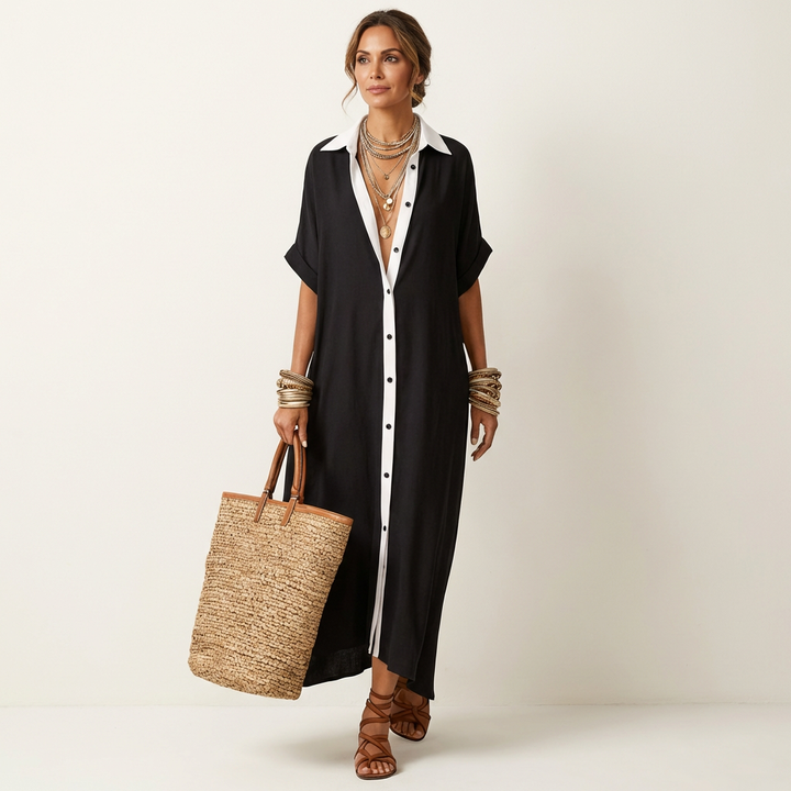 KAMIRA | CONTRAST COLLAR MAXI SHIRT DRESS