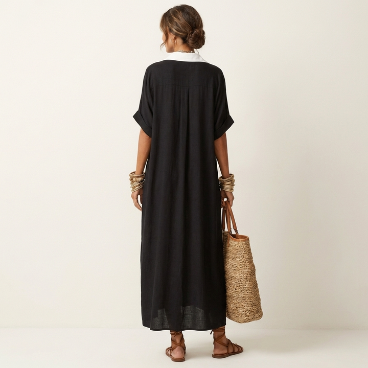 ISOLDE | CONTRAST-COLLAR BUTTON-FRONT SHORT-SLEEVE MAXI SHIRT DRESS