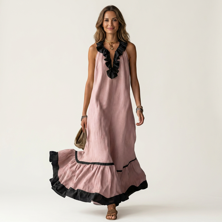 SERAPHINA | SLEEVELESS RUFFLE-NECK CONTRAST-TRIM MAXI DRESS