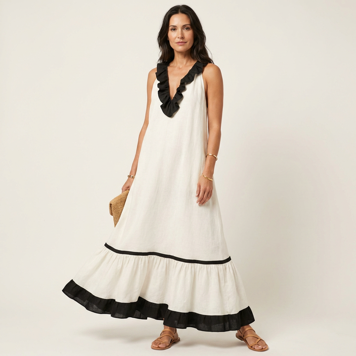 SERAPHINA | SLEEVELESS RUFFLE-NECK CONTRAST-TRIM MAXI DRESS