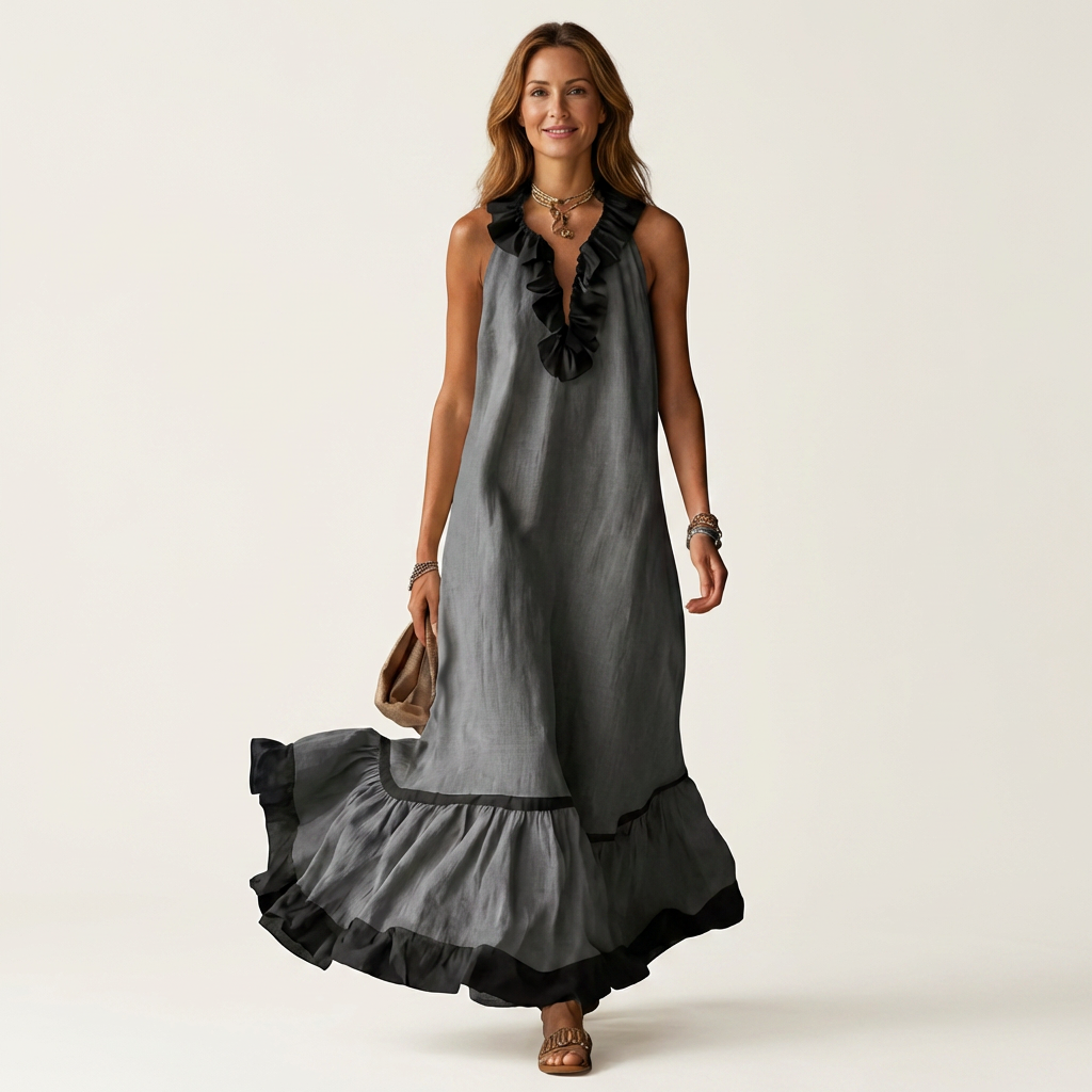 SERAPHINA | SLEEVELESS RUFFLE-NECK CONTRAST-TRIM MAXI DRESS