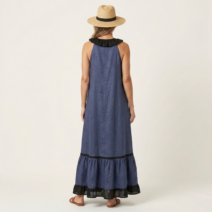 SERAPHINA | SLEEVELESS RUFFLE-NECK CONTRAST-TRIM MAXI DRESS