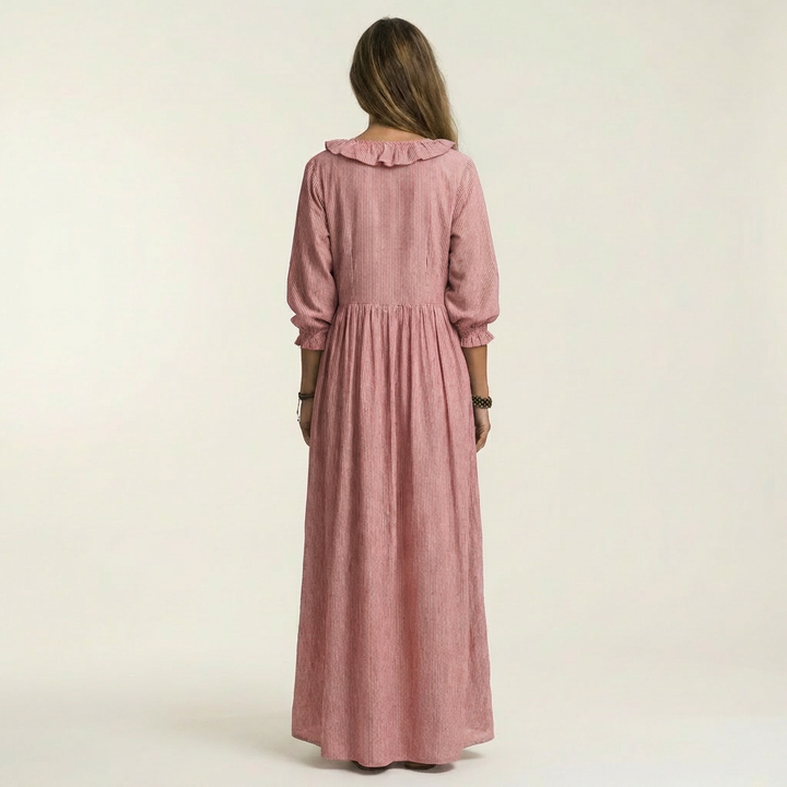 PALOMA | RUFFLE V-NECK STRIPED LANTERN-SLEEVE MAXI DRESS