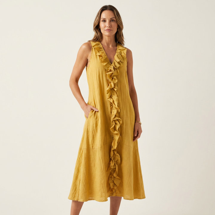 VIOLETTE | RUFFLE-FRONT V-NECK SLEEVELESS LINEN MAXI DRESS