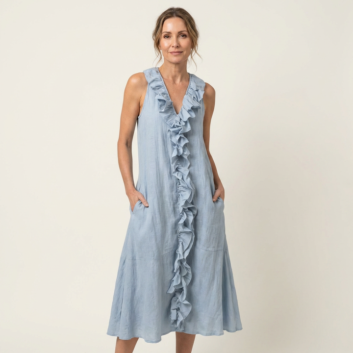 VIOLETTE | RUFFLE-FRONT V-NECK SLEEVELESS LINEN MAXI DRESS