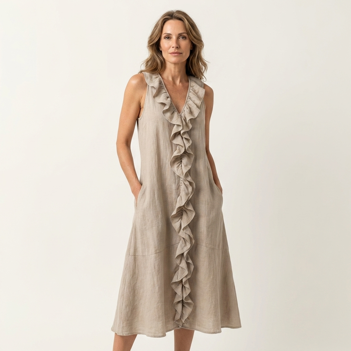 VIOLETTE | RUFFLE-FRONT V-NECK SLEEVELESS LINEN MAXI DRESS