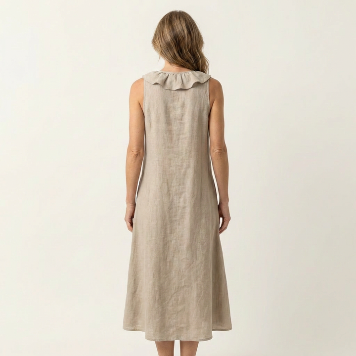 VIOLETTE | RUFFLE-FRONT V-NECK SLEEVELESS LINEN MAXI DRESS