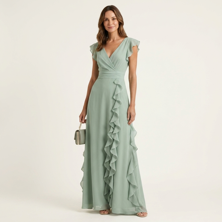 CELESTE | WRAP-STYLE V-NECK FLUTTER-SLEEVE CASCADING RUFFLE MAXI DRESS