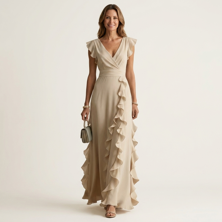 CELESTE | WRAP-STYLE V-NECK FLUTTER-SLEEVE CASCADING RUFFLE MAXI DRESS