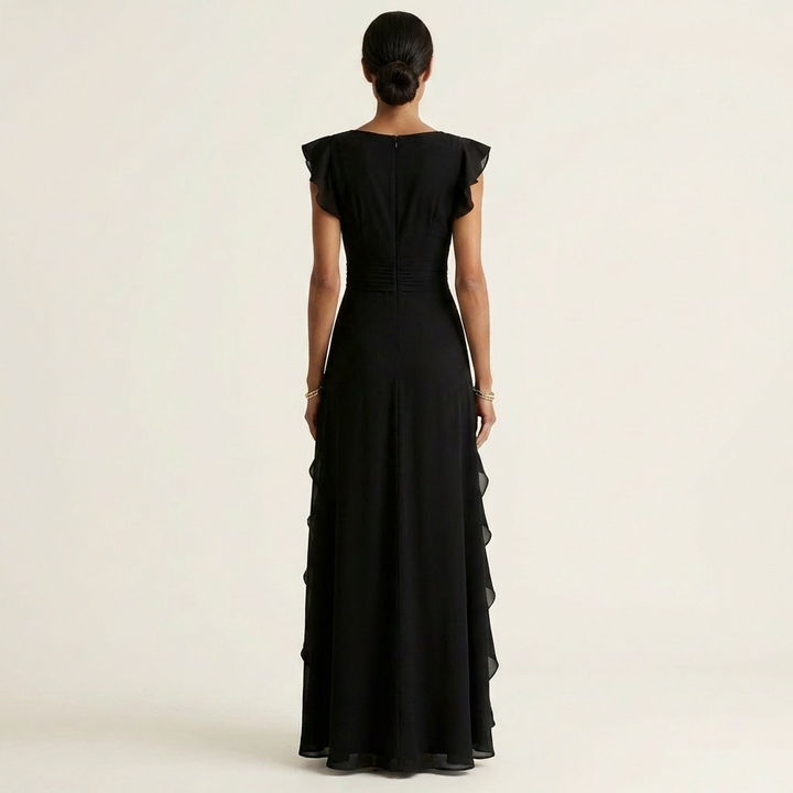 CELESTE | WRAP-STYLE V-NECK FLUTTER-SLEEVE CASCADING RUFFLE MAXI DRESS