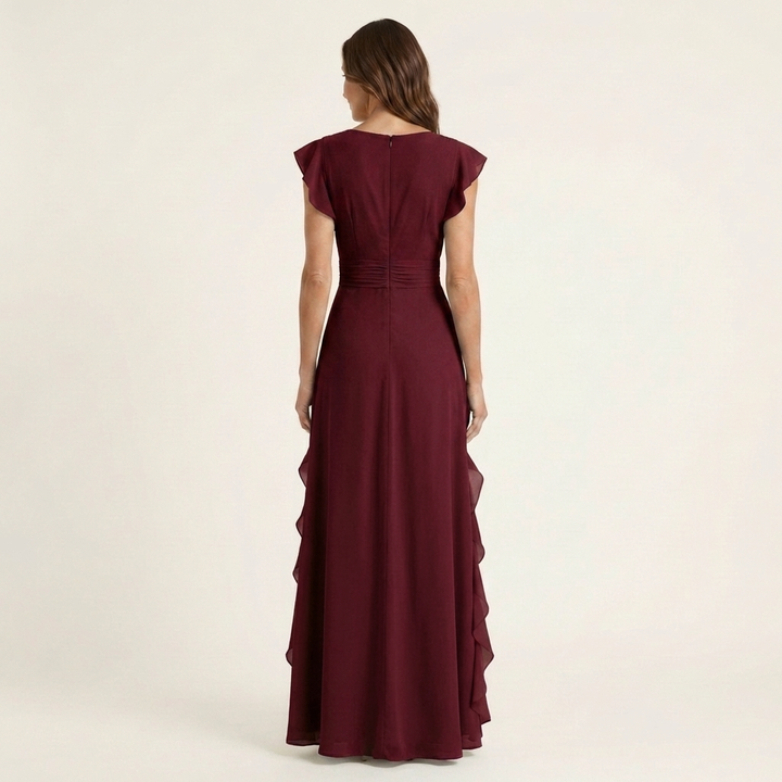 CELESTE | WRAP-STYLE V-NECK FLUTTER-SLEEVE CASCADING RUFFLE MAXI DRESS