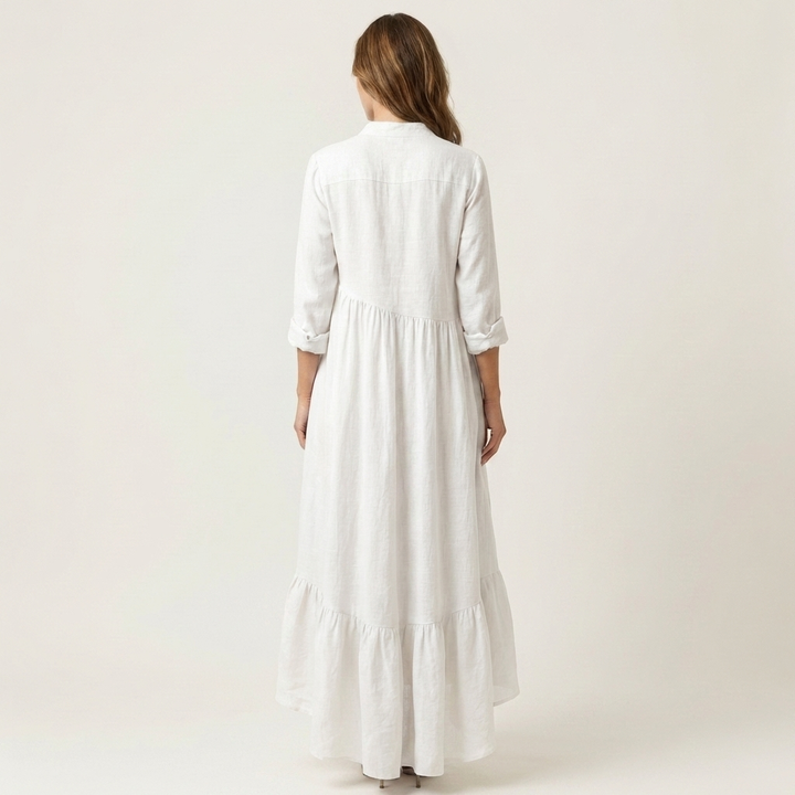ADRIANNA | STAND-COLLAR BUTTON-FRONT RUFFLE HEM MAXI DRESS