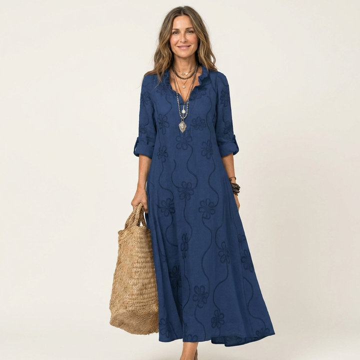 ODALYS |  MAXI DRESS WITH TONAL FLORAL EMBROIDERY
