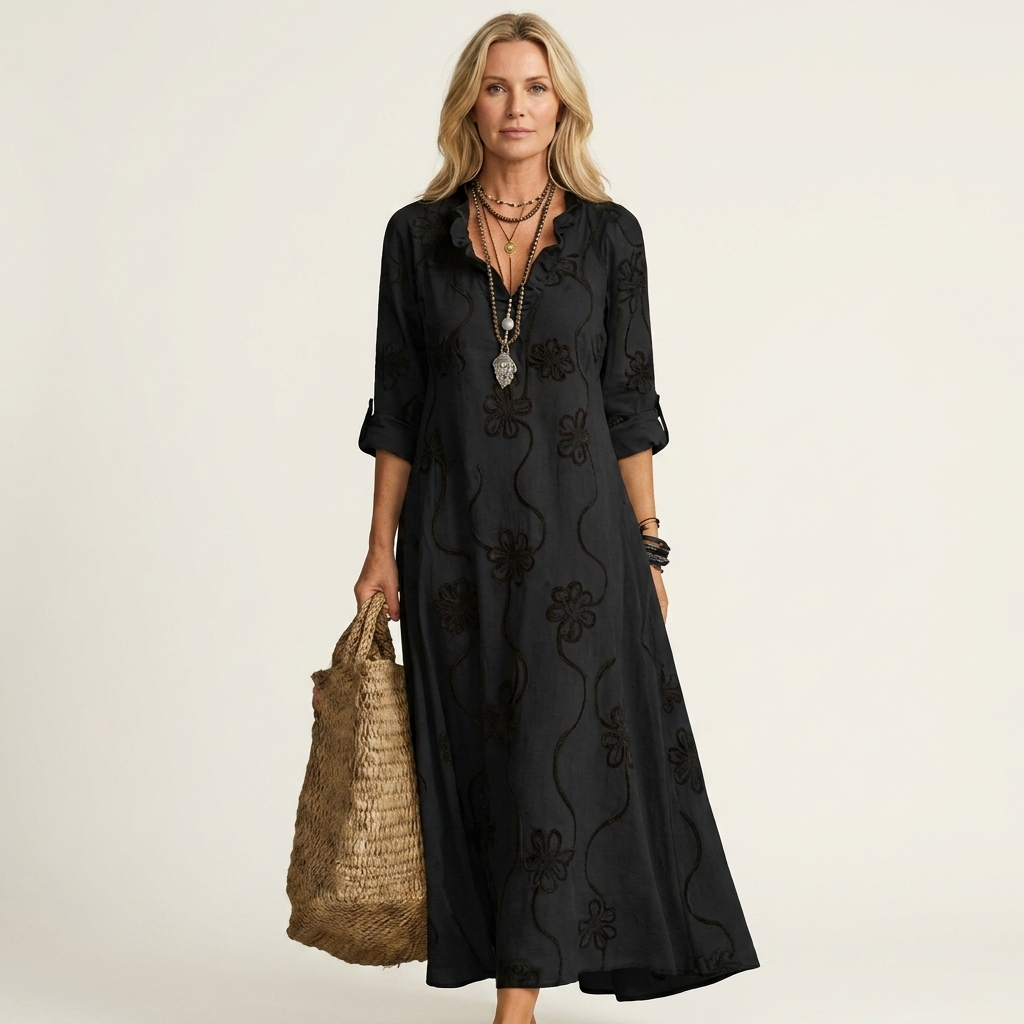 ODALYS |  MAXI DRESS WITH TONAL FLORAL EMBROIDERY