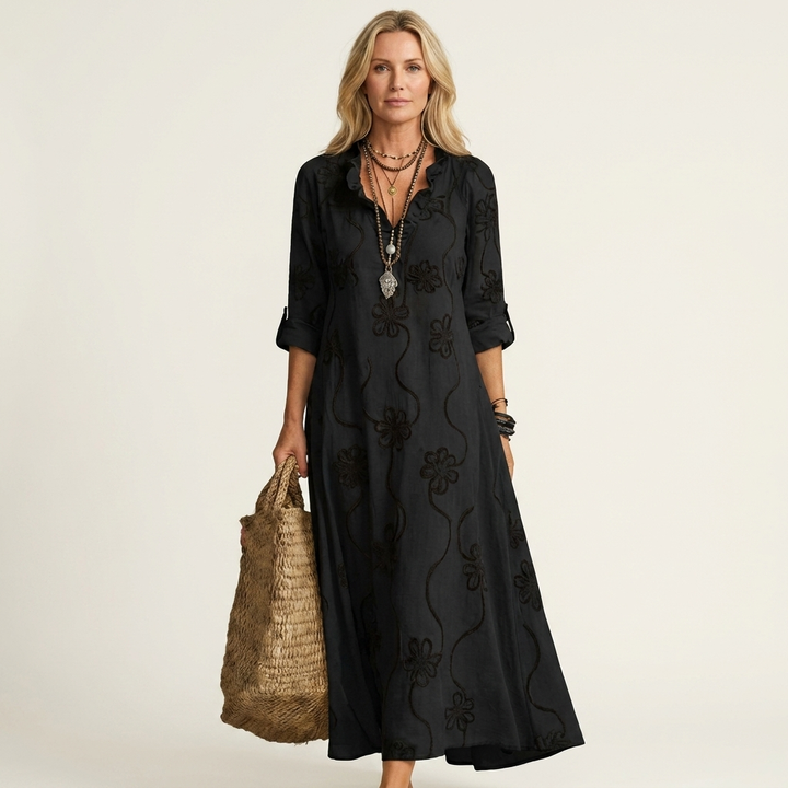 ODALYS |  MAXI DRESS WITH TONAL FLORAL EMBROIDERY