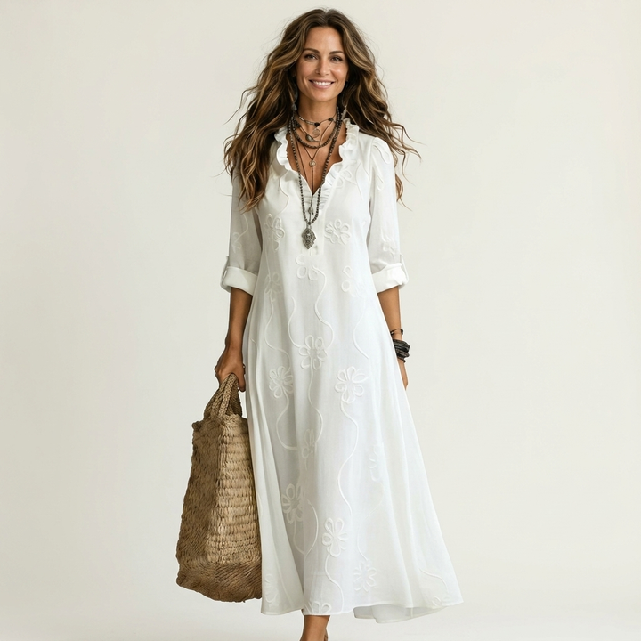 ODALYS |  MAXI DRESS WITH TONAL FLORAL EMBROIDERY