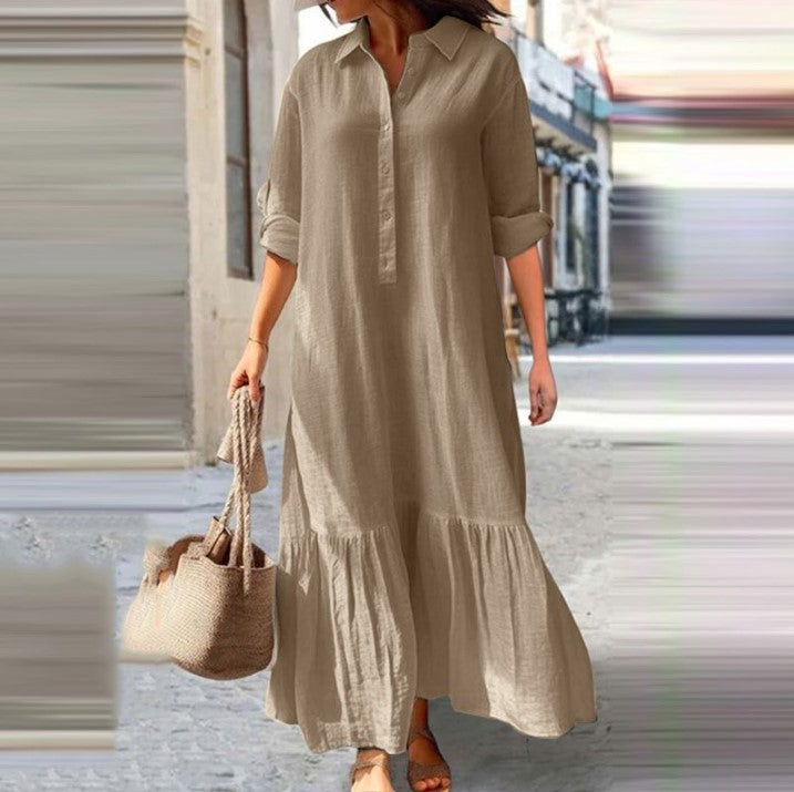 Linen Blend Button-Down Ruffle Hem Maxi Shirt Dress