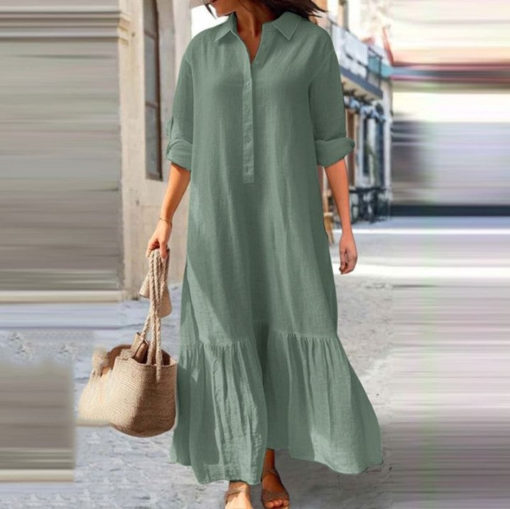Linen Blend Button-Down Ruffle Hem Maxi Shirt Dress