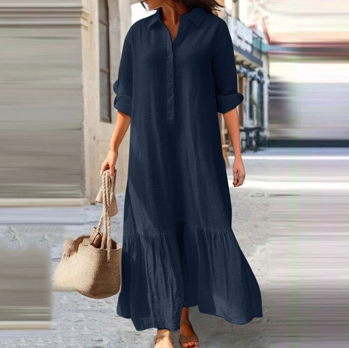Linen Blend Button-Down Ruffle Hem Maxi Shirt Dress