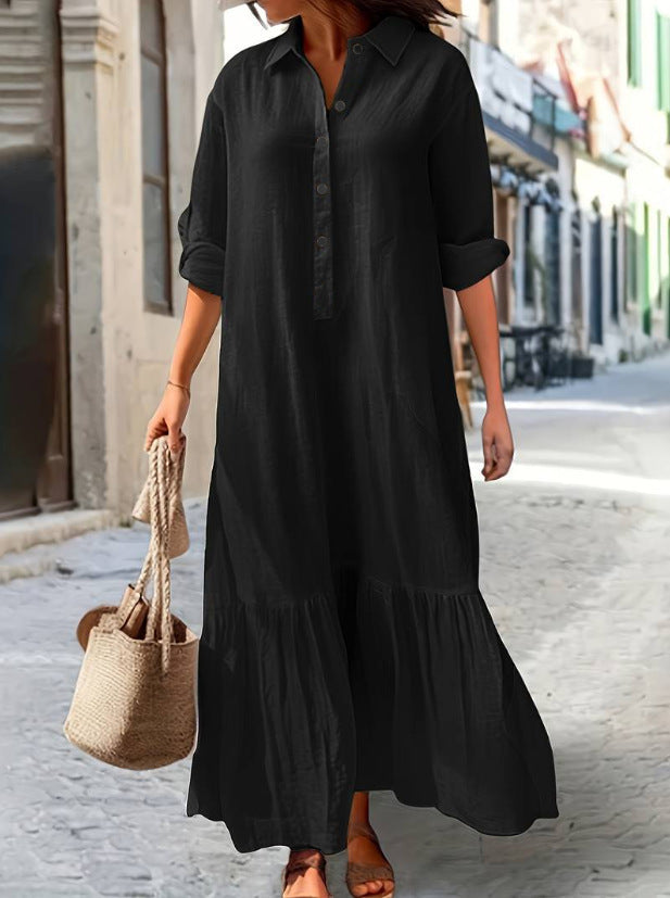 Linen Blend Button-Down Ruffle Hem Maxi Shirt Dress