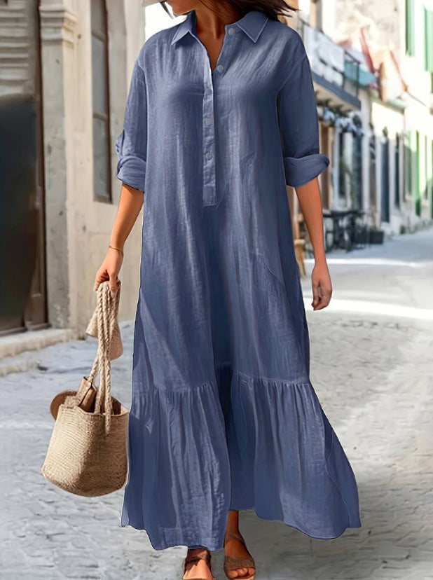 Linen Blend Button-Down Ruffle Hem Maxi Shirt Dress