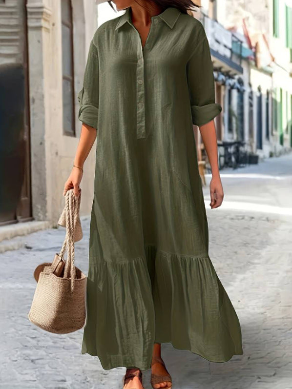 Linen Blend Button-Down Ruffle Hem Maxi Shirt Dress