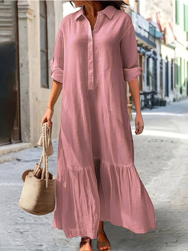 Linen Blend Button-Down Ruffle Hem Maxi Shirt Dress